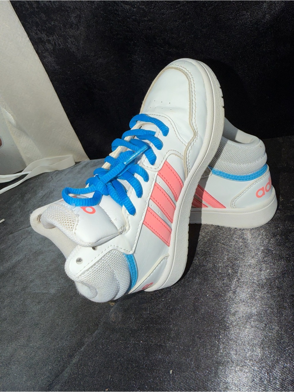 adidas Kids White Sneakers with Pink Stripes and Blue Laces